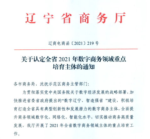 赢咖娱乐信息荣获2021年辽宁省数字商务领军企业
